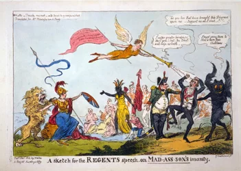 Um esboço para o discurso dos regentes na insanidade de Mad-Ass-Filho, bar. 1812 (gravura colorida à mão)
